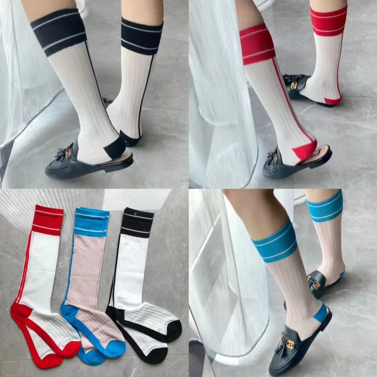 

Women Line Color-blocked Mid-rise Socks Trendy Socks Preppy Style
