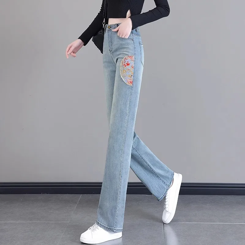 

Jeans Women New Chinese Style Light Color Autumn Embroidered Loose Straight High Waist Slender Wide-leg Trousers Aesthetic Chic