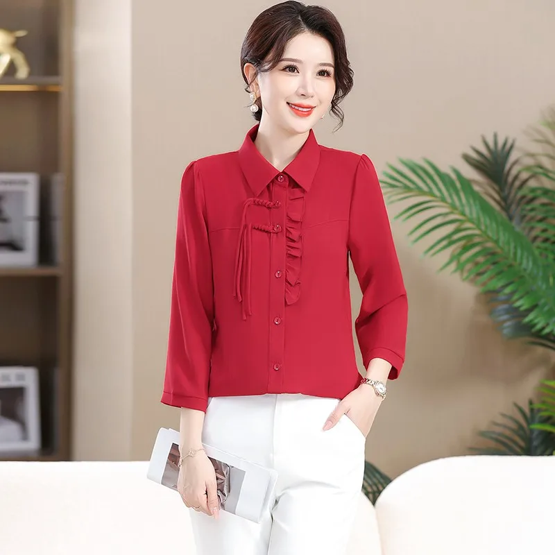 Commute Ruffles Spliced Pleated Blouse Spring Summer 3/4 Sleeve Women's Clothing Solid Button Single-breasted Loose Shirt