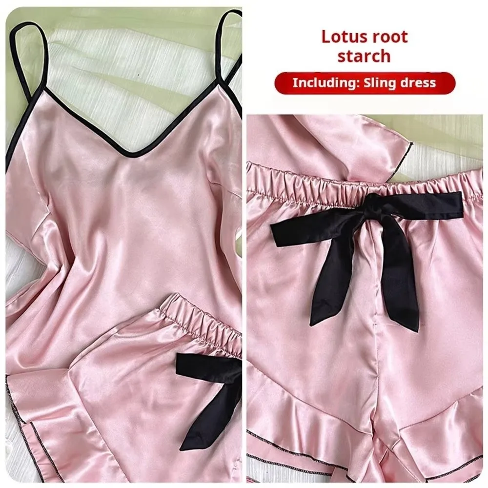 Kawaii Homewear Women's Pajamas Set Soft Casual Two Piece Nightwear Ruffle V-neck Satin Silk Suspender Pajamas Women