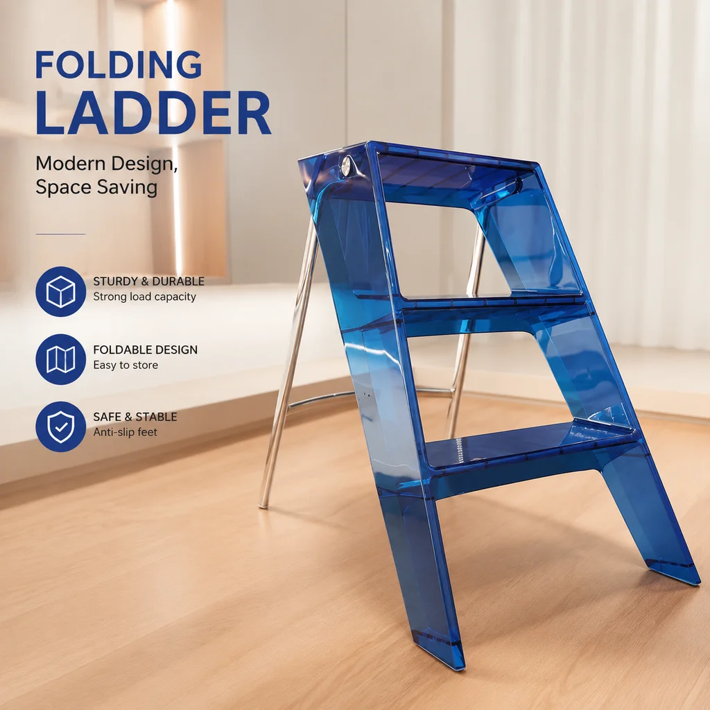 3-Step Folding Herringbone Stepladder with Storage Shelf – Modern Acrylic Ladder for Living Room and Home Use