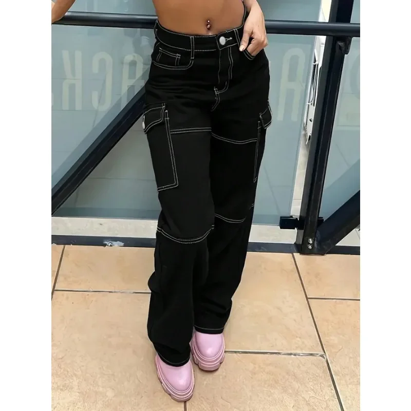 

2025 Women's Urban Utility Pants - Edgy Straight-Leg Cargo Jeans with Multi-Pocket Design (Black) | Cross-Border New Arrival