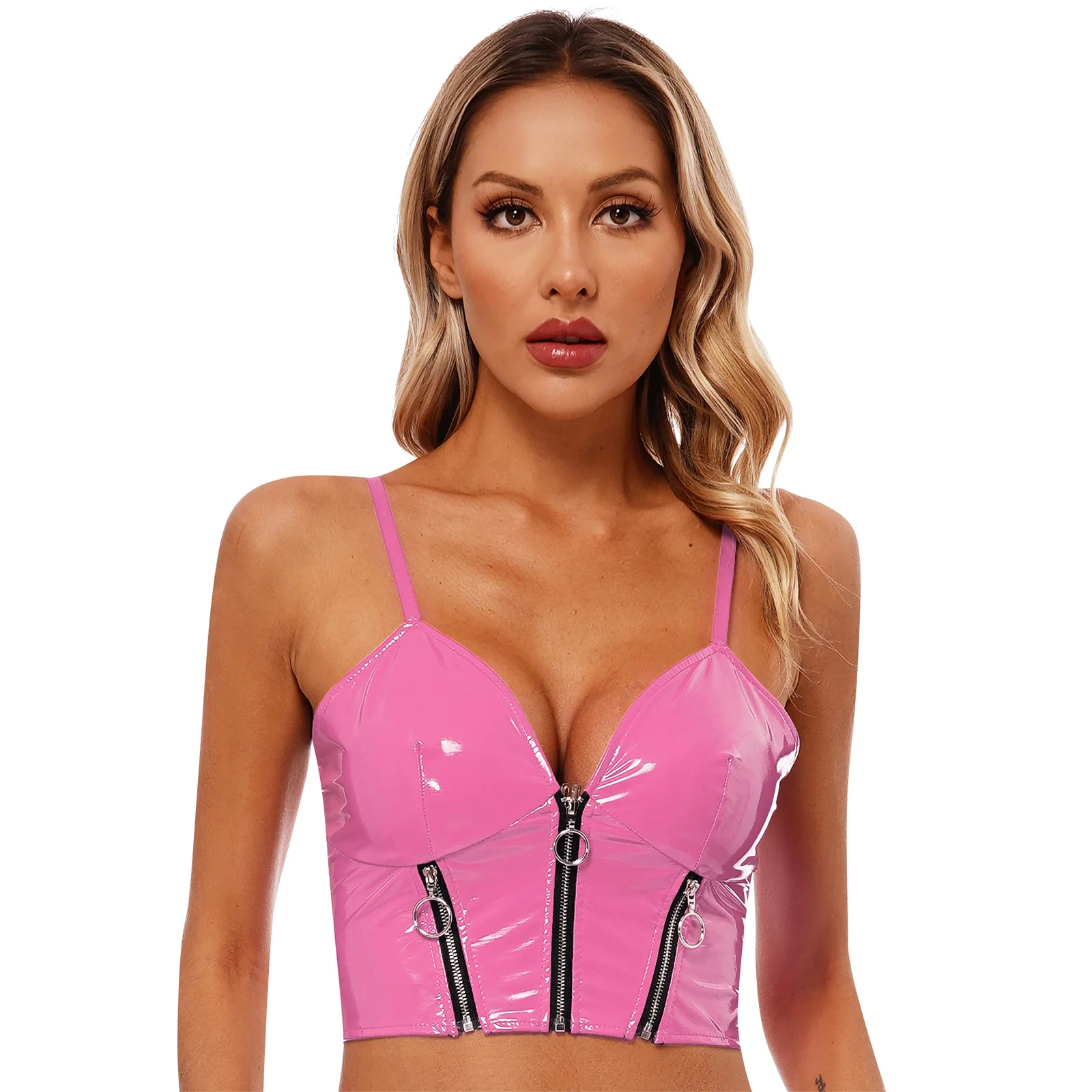 Chaleco Sexy de charol para mujer, Tops con escote en V profundo, camisola con cremallera frontal, lencería brillante, Top corto con cremallera, disfraz para discoteca