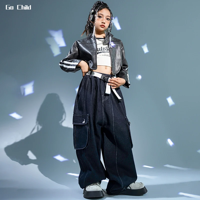 Girls Hip Hop Leather Jacket Vest Loose Jeans Child Street Dance Crop Coat Jazz Denim Pants Clothes Set Kids Streetwear Costumes