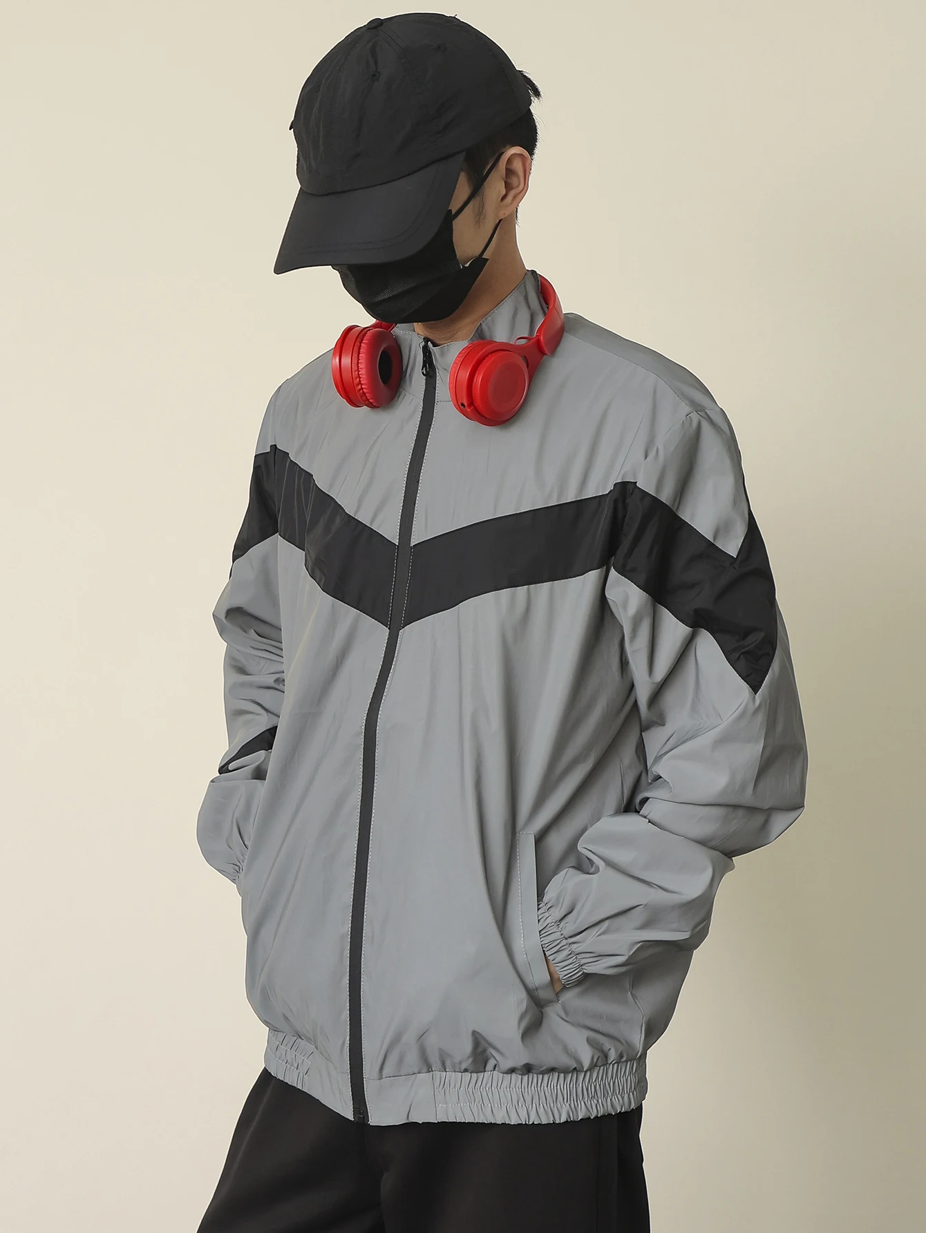 Stitching Fashion Reflective Jacket Men Spring Autumn Hip Hop Dance Outdoor Luminous Riding Jacket Casual Stand Collar Jacket