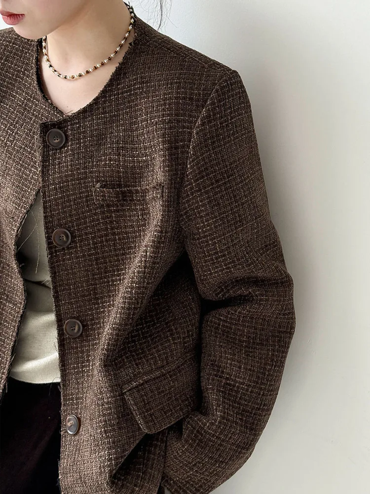 سترة WHTREND على الطراز الكوري برقبة دائرية أنيقة للنساء لخريف جديد سترة قصيرة من التويد الراقية WH1942 #3