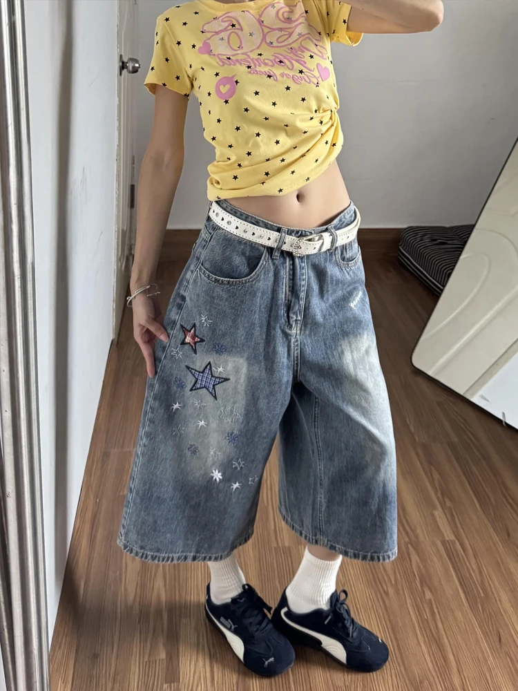 

American Style Spicy Girl Star Embroidery Patchwork Denim Jeans High Waist Straight Leg Loose Fit Summer Wide Leg Mid-Pants