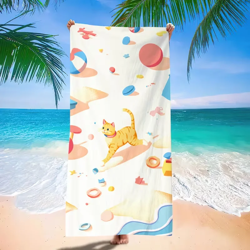 Cute Hand Drawn Kitten Cat Beach Towel Cartoon Kitty Paw Heart Print Quick Dry Lightweight Absorbent Towel for Beach Vacation