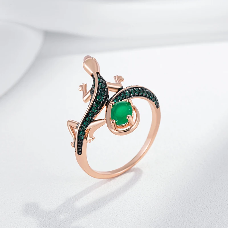 Kinel Hot Punk Green Natural Zircon Lizard Ring for Women 585 Rose Gold and Black Plating Vintage Animal Daily Fine Jewelry