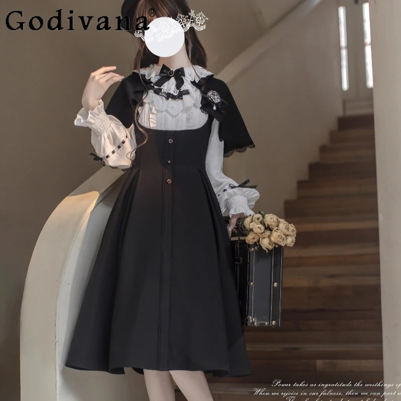 

Элегантное оригинальное черно-белое платье в японском стиле ретро Лолита, комплект из накидки и платья, женская уличная одежда