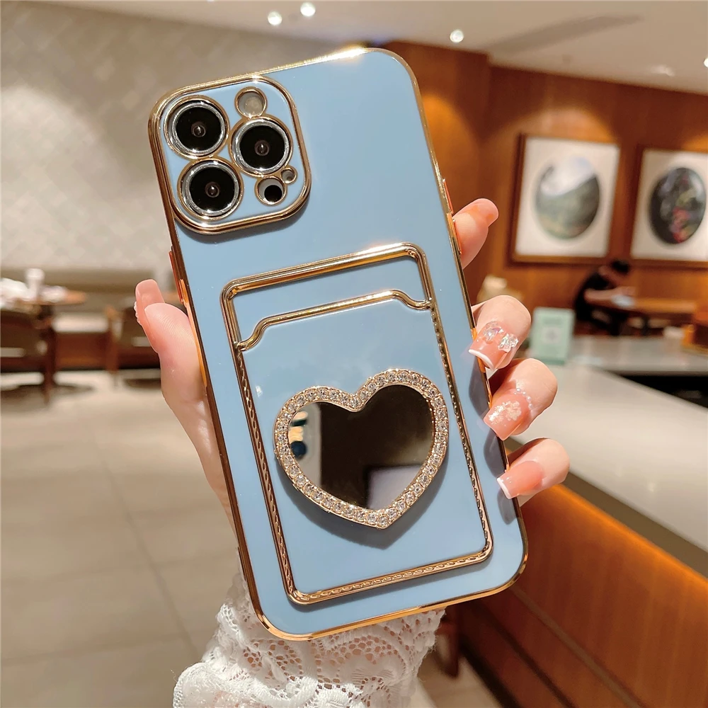 Glitter Rhinestone Love Heart Mirror Plating Wallet Card Case For iPhone 16 15 14 13 11 12 Pro Max XS X 7 8 Plus Soft Slot Cover