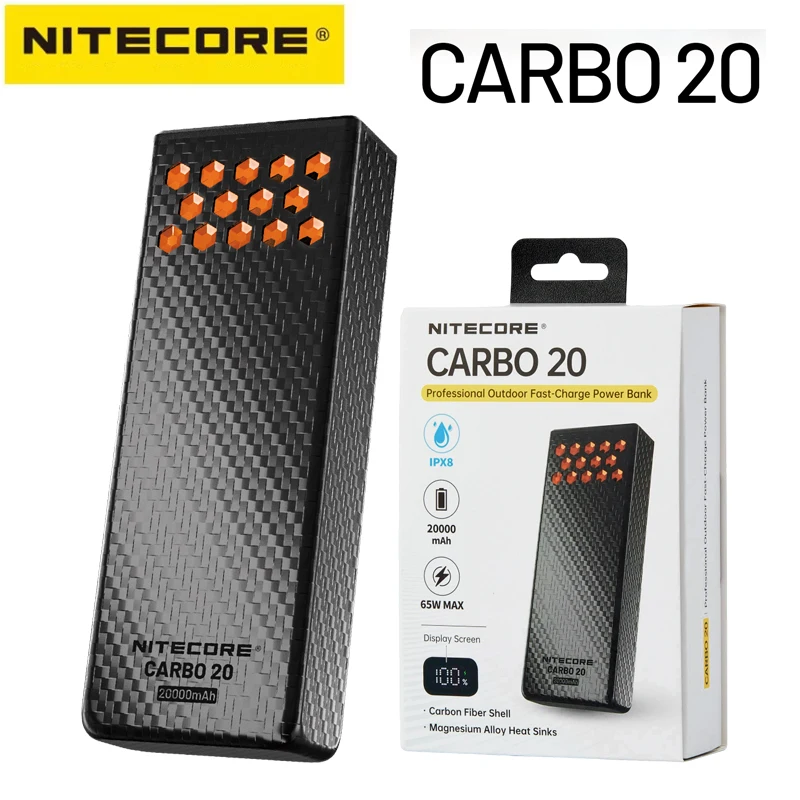NITECORE CARBO 20 Dual USB-C Anschlüsse 20000mAh Große Kapazität Mobile Powerbank IPX8 Kohlefaser PD/QC 3.0 65W Schnellladung