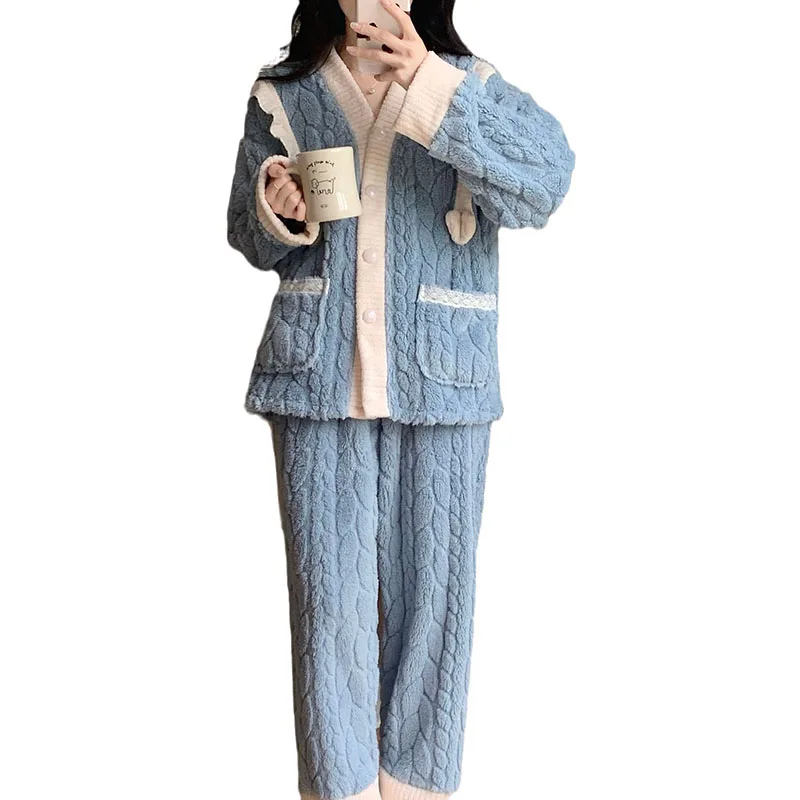 Winter Thickened Fleece Pajamas Women\'s V-neck Sweet Warm Flannel Home Suit Set Ladies Outerwear Cardigan Pants Set Sleepwear