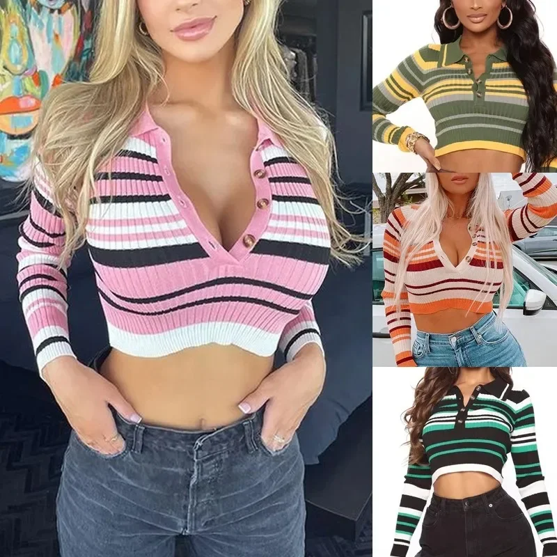 سترة نسائية محبوكة بأكمام طويلة ، ياقة مطوية ، توب قصير نسائي ، توب مخطط مثير ، ملابس الشارع Y2K ، الخريف ، الشتاء ، YDL43 ،