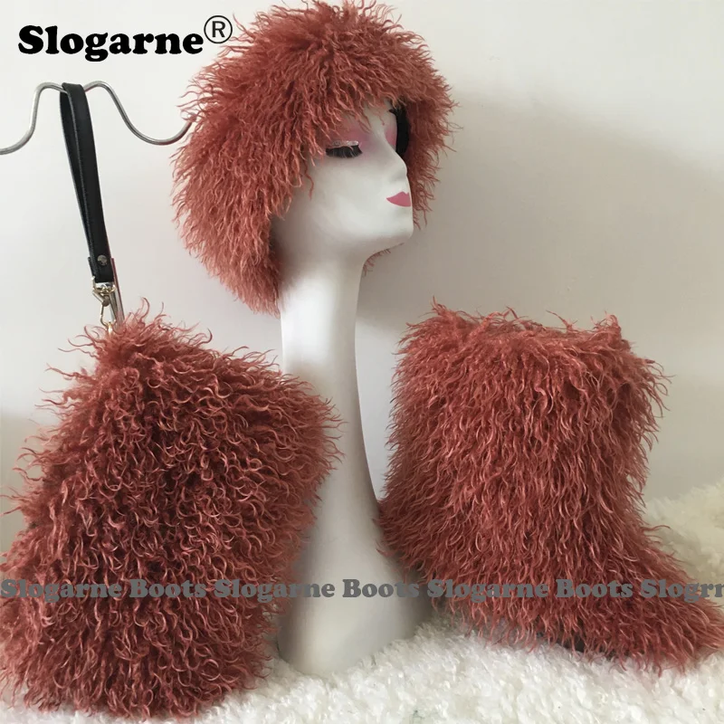 2025 Women\'s New Faux Fur Boots Fur Bag Cap Winter Fashion Fur Purse Girls\' Luxury Furry Snow Boots Warm Shoes Fluffy Headband