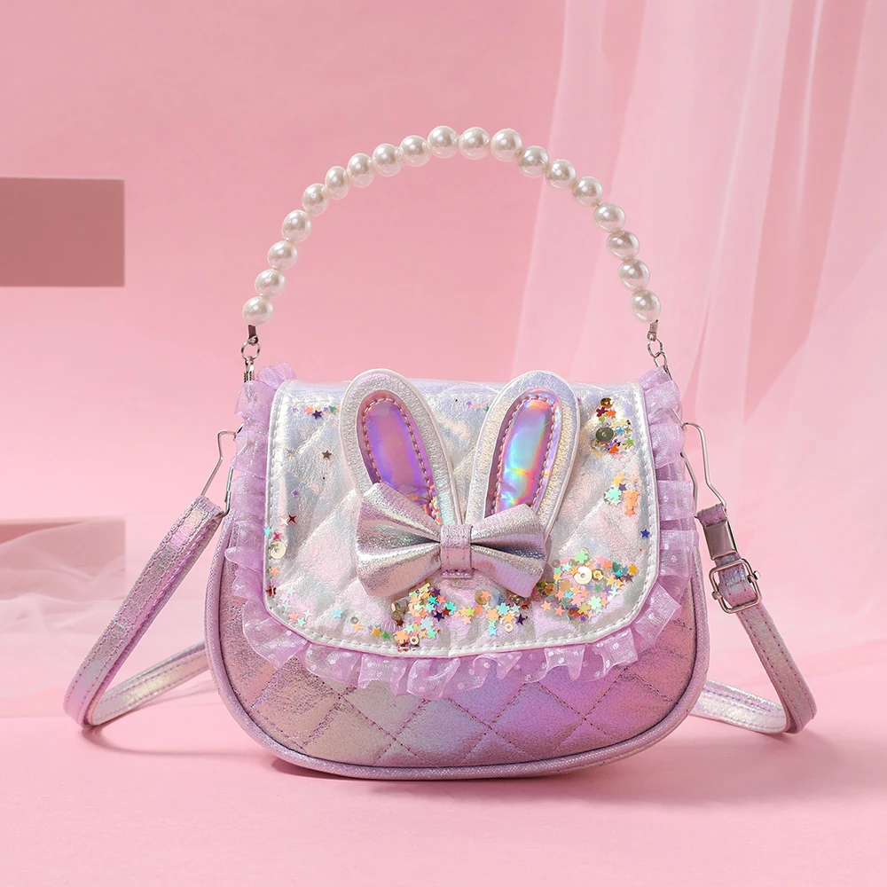 Cute Kid Bag Fashion Mini Bag per bambini Crossbody Arm Pearl borsa portatile con orecchie di coniglio con paillettes