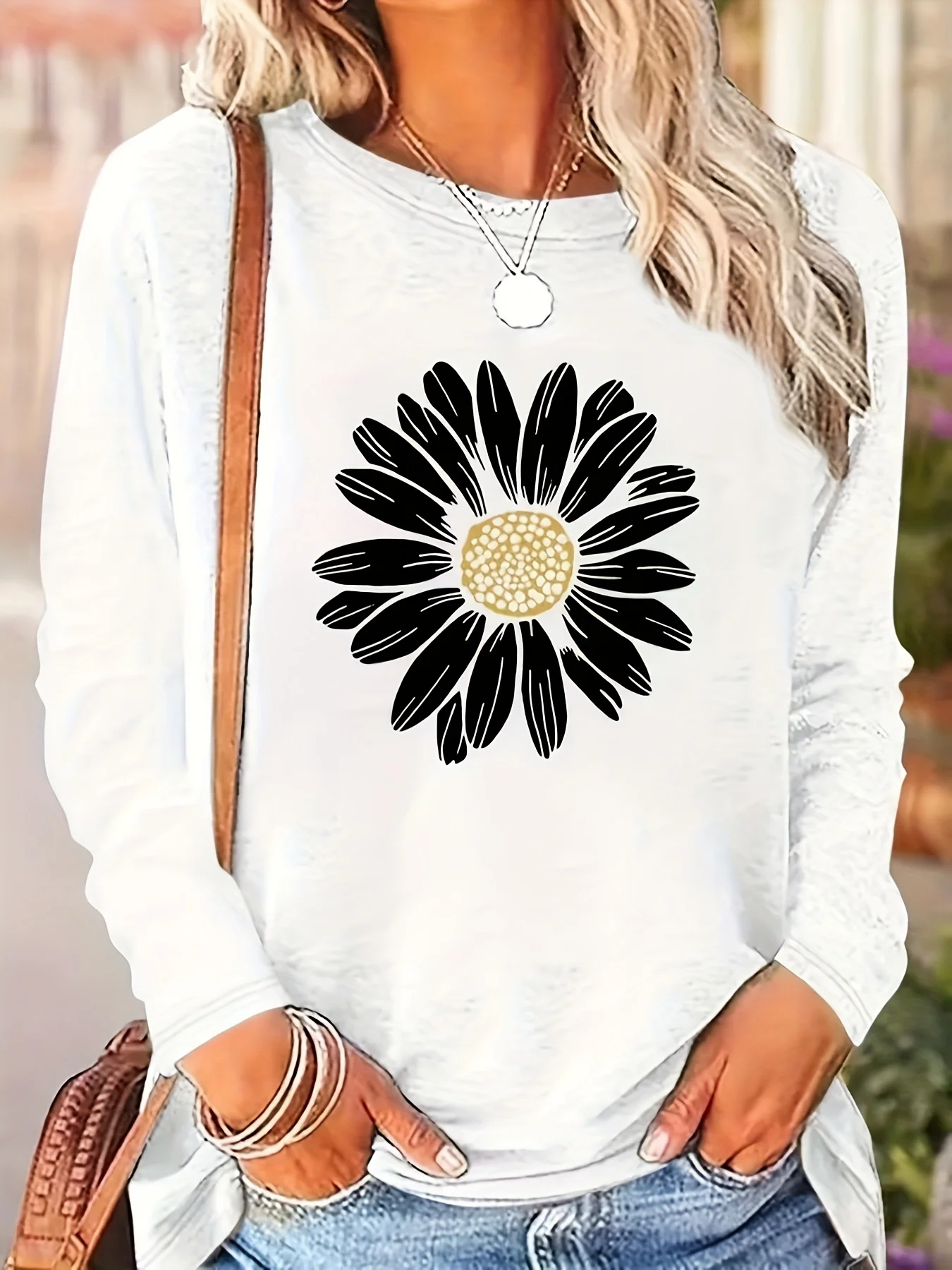 Sunflower Print Women\'s T-shirt  Graphic  Crop Top Plus Size Long Sleeve Blouse Women\'s Clothing Trend Female Shirts Cheap