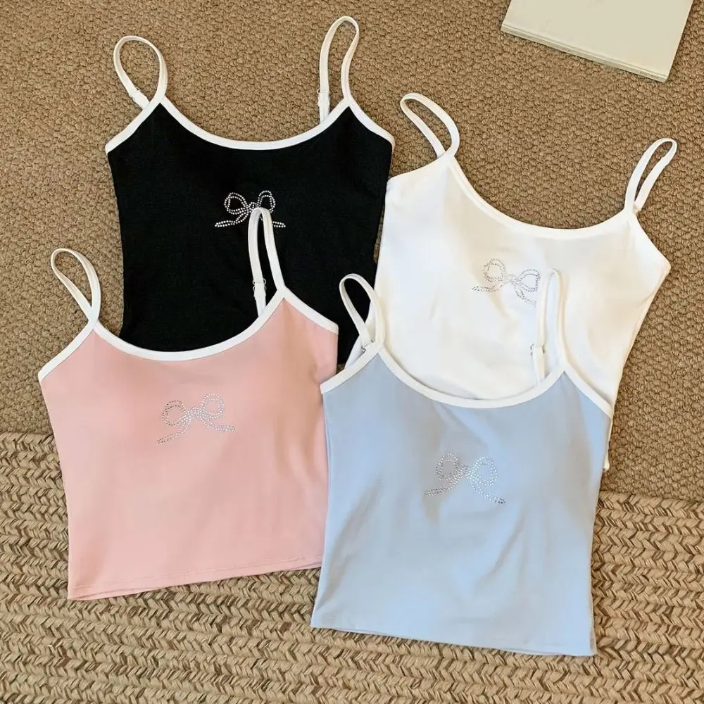 

Spicy Girl Camisole with Pads Patchwork Beauty Back Rhinestone Bow Camisole Sleeveless Hollow Slim Crop Tops Women Spring Summer