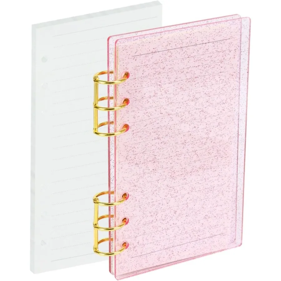 Segregator A6 z akrylu, 6-ringowy, z delikatnym brokatem, segregator na luźne kartki, planer, segregator budżetowy, 90 kartek, papier w linie, możliwość rozłożenia na płasko, Desi