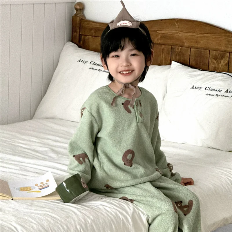 2026 Children's Fleece Clothing Sets Boys Girls Floral Print Home Suits Long Sleeve Pajamas Velvet Outfits Kids Thermal Pajamas 4