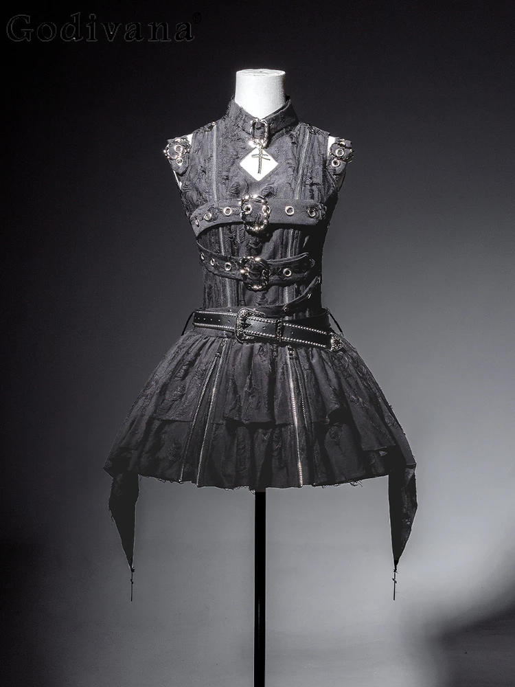 

Lolita Dark Goth Subculture Retro Punk Sweet Cool Daily Dress Summer New Personalized Girls High Waist A-line Short Dresses