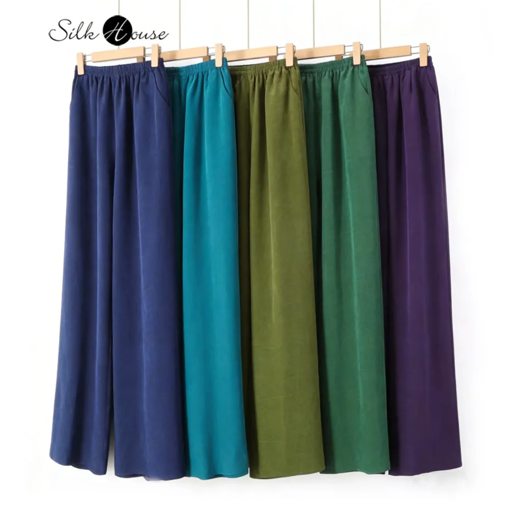 

2026 Women's Fashion Spring Clothing 100% Natural Mulberry Silk Gambiered Guangdong Gauze Turtles Cracked Loose Straight Pants