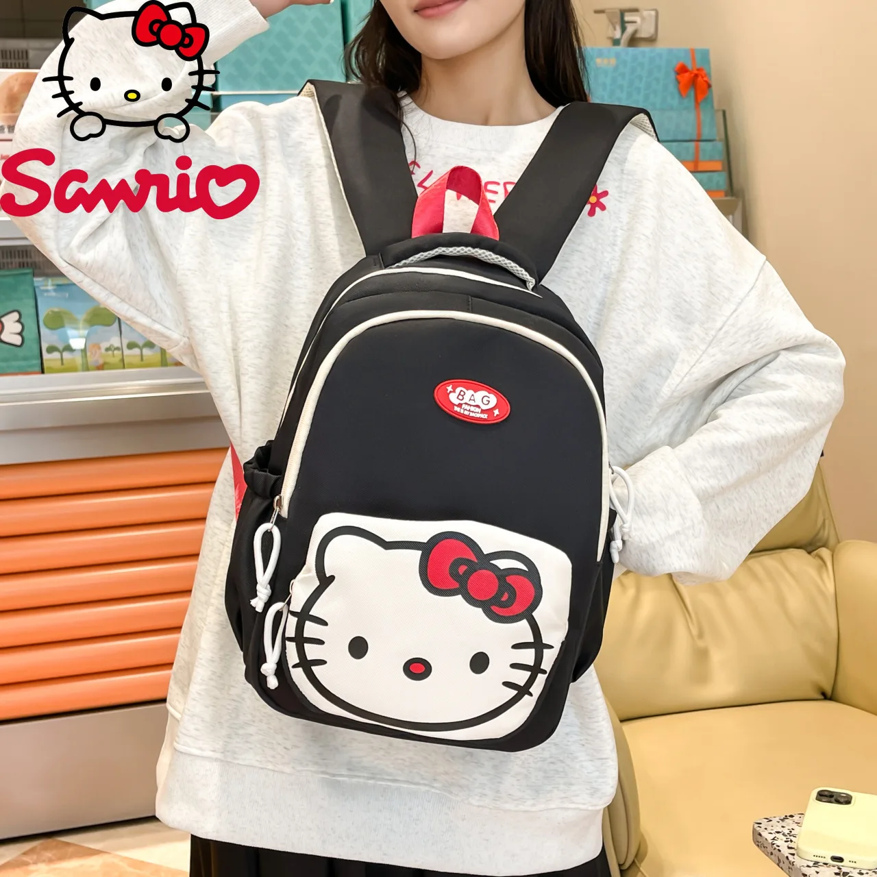  Hello Kitty Backpack Cartoon Cute Student Lightweight School Bag Large Capacity Fashionable Black White