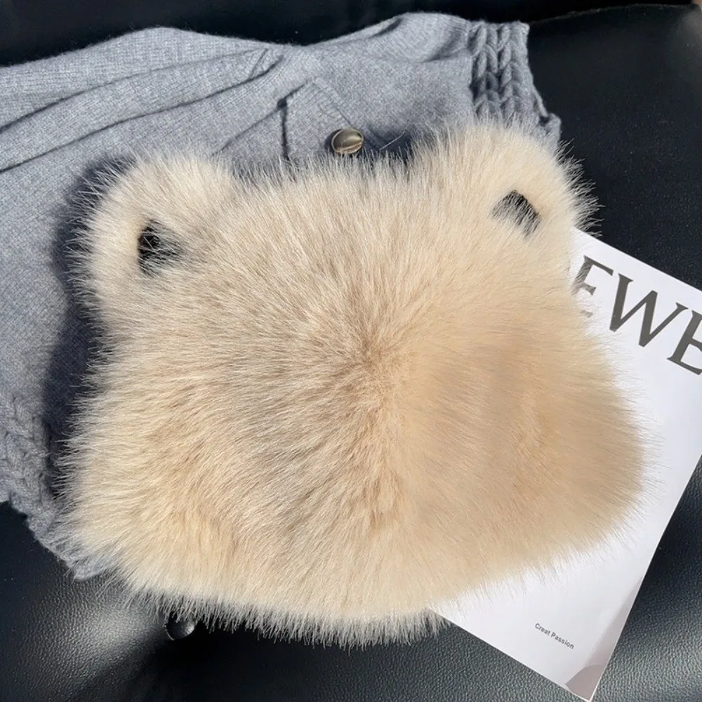 Berretto di pelliccia con orecchio d'orso senza tesa alla moda Cappello di pelliccia da donna soffice e addensato Mantieni caldo il berretto da pescatore in tinta unita autunno e inverno