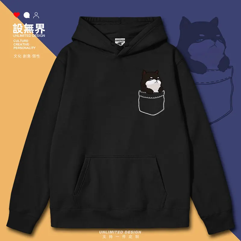 

Cute Little Dog Black Shiba Dog Fake Pocket Original Cartoon Pet mens hoodies sporting hoodie printed clothes autumn winter