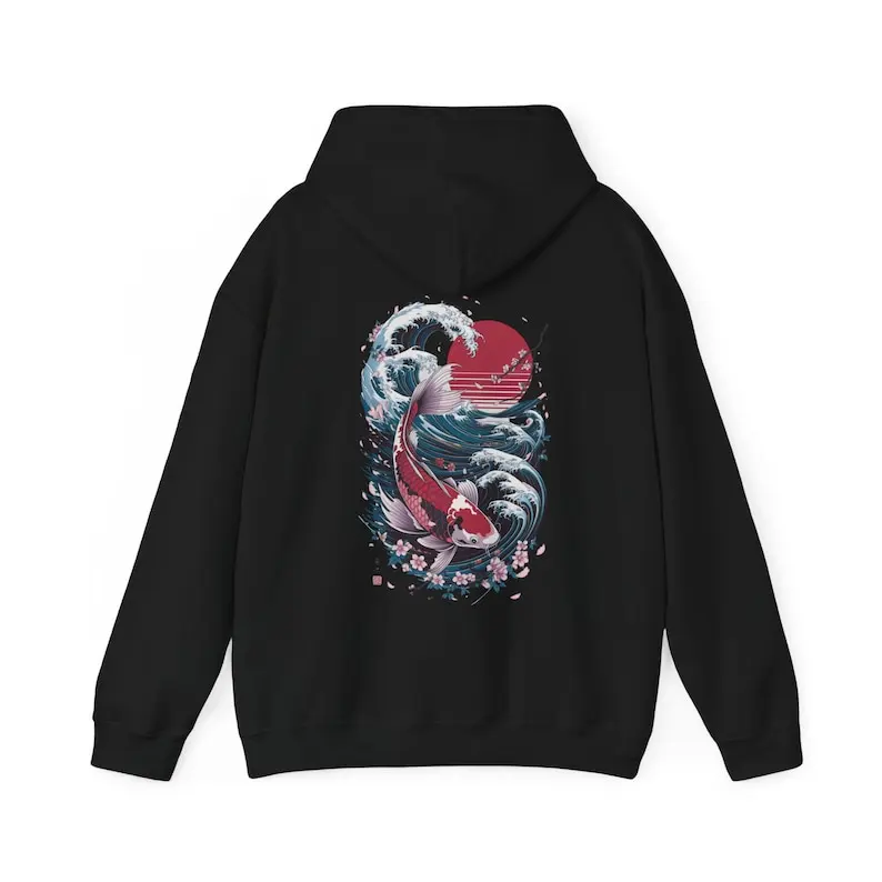 Cozy Japanese Koi Fish Hoodie Nautical Asian Art Sweater Unisex Tokyo Style Urban Pond-Themed Hooded Top Perfect for The Beach