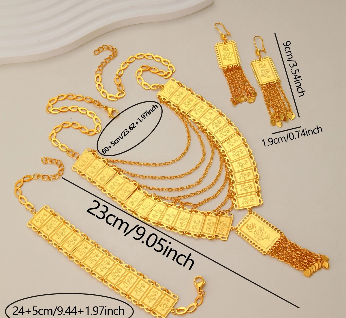 أزياء الشرق الأوسط دبي 24K مطلية بالذهب مخصصة قلادة أقراط أساور للأزواج حفل زفاف طقم مجوهرات DD10809 #3