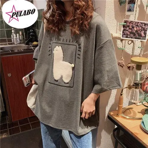 PULABO Tees Cartoon Alpaca Animal Printed Casual Loose Oversize Korean Style Summer Short Sleeve Women Top Female T-shirts y2k