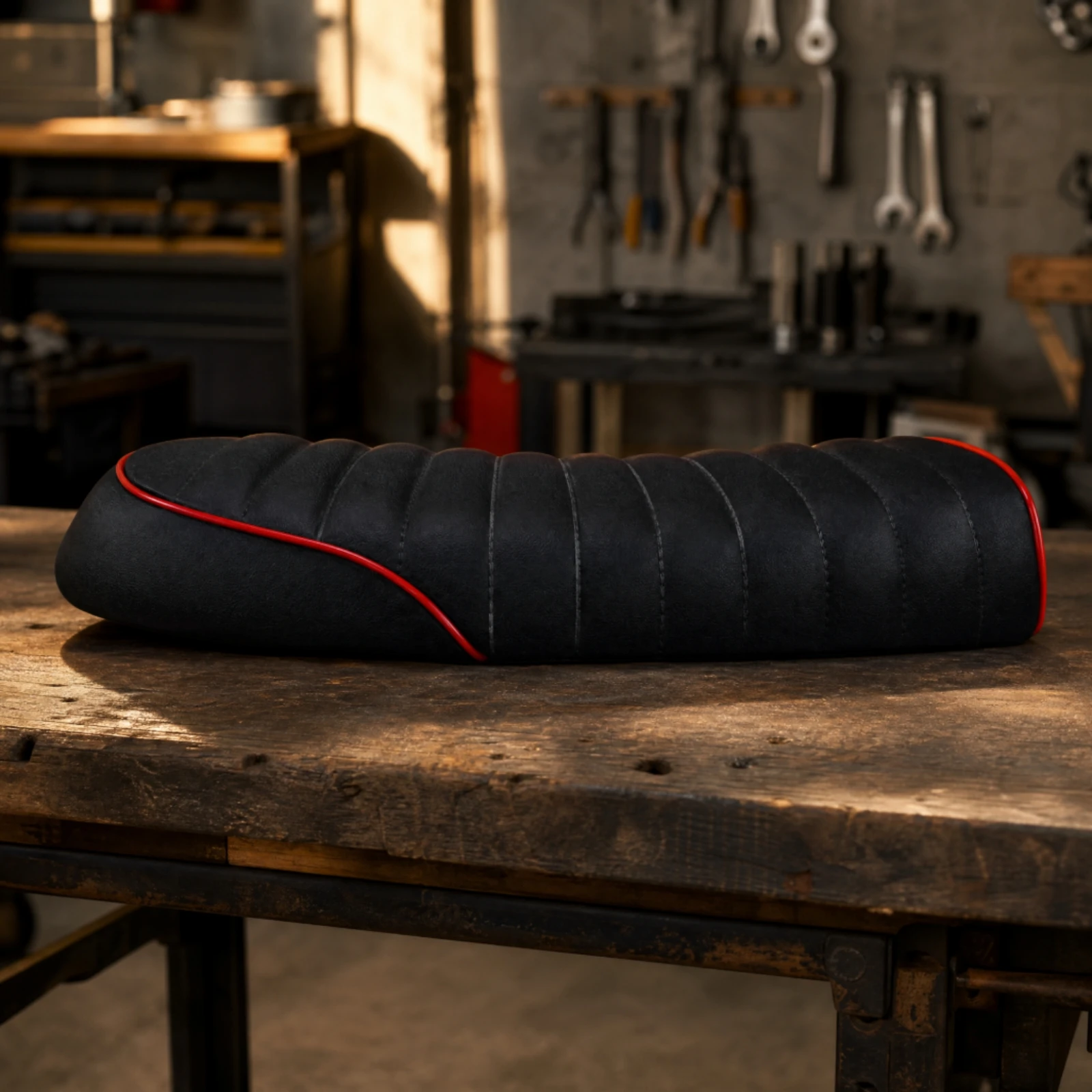 Custom Motorcycle Seat with Raised Edges Ribbed PU Leather Low Profile Flat Elongated Cushion for Garage Project Builds