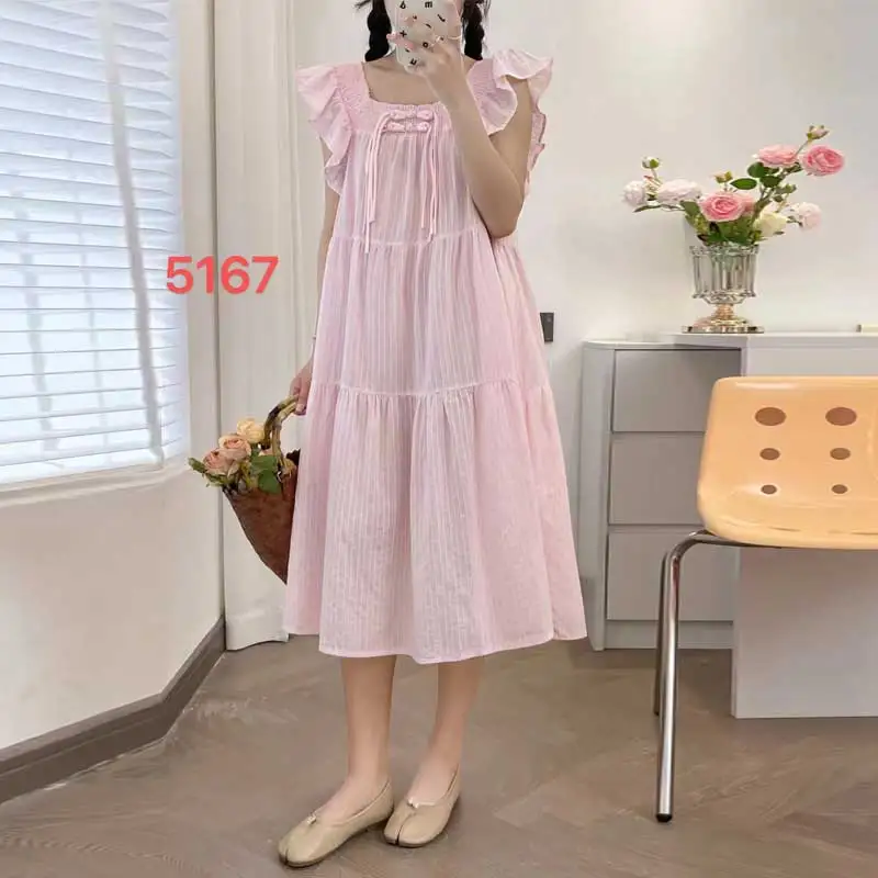 

Japanese Sweet Mori Girl Square Collar Buckle Flying Sleeve Fairy Dress Women Summer New Solid Color Casual Loose A-Line Dresses