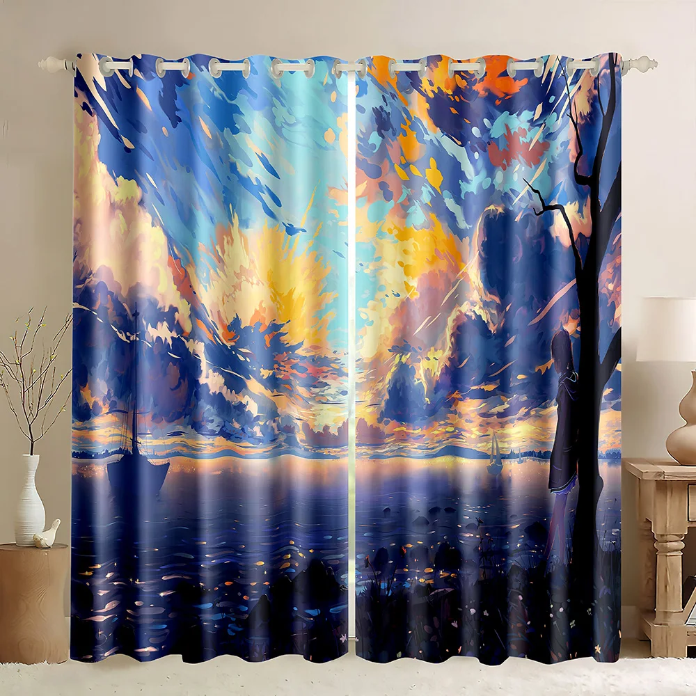 

Window Blackout Curtains Sunrise Orange Sky Coast Ocean Fishing Boat Silhouette,Watercolor Oil Painting Chinese Style Painting