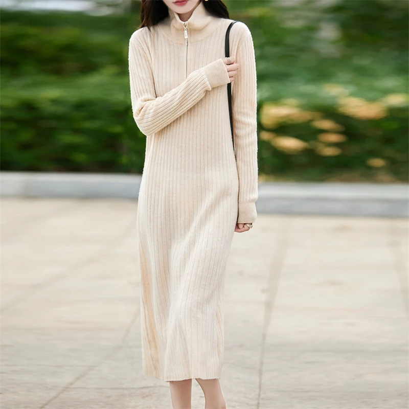 

Fall/Winter 2025 Wool Dress Women's Casual Loose Long Semi-zipper Stand-neck Knitted Sweater Skirt Over the Knee Long Skirt