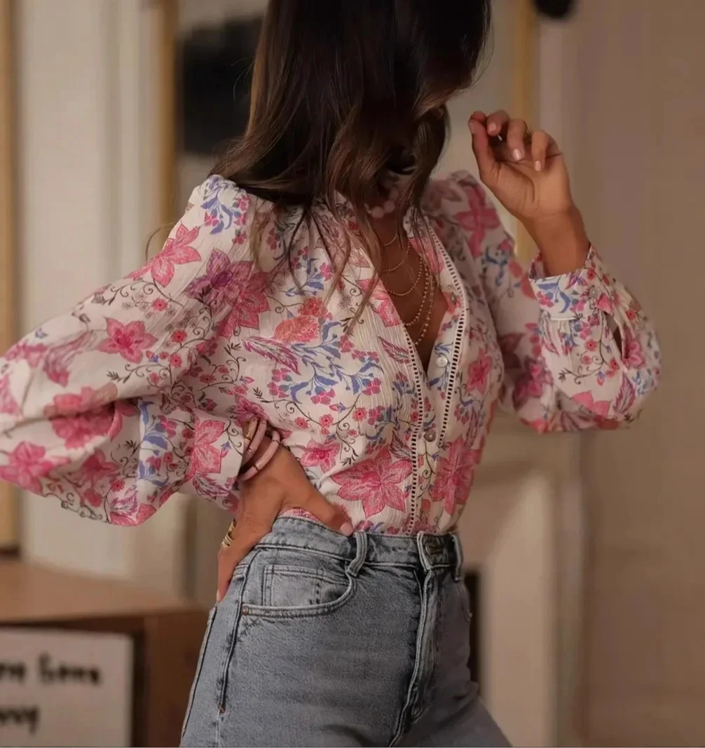

Women's Vintage Floral V-Neck Shirt Slim Fashionable Single Buttoned Top Full Sleeve Regular Fit Stand Collar