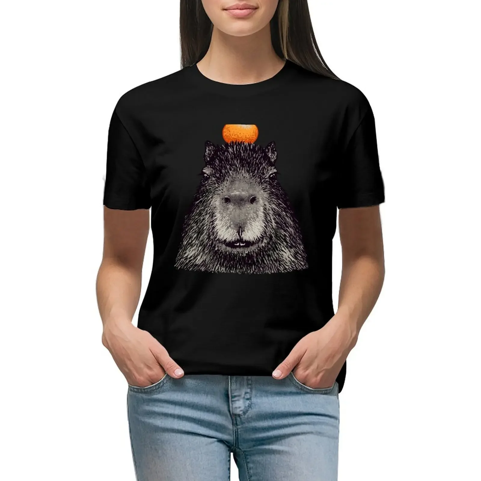 

Capybara Orange Capy Yuzu Capybara with Orange on Head His Name - Gort Portrait T-Shirt sweat kawaii clothes clothes for woman