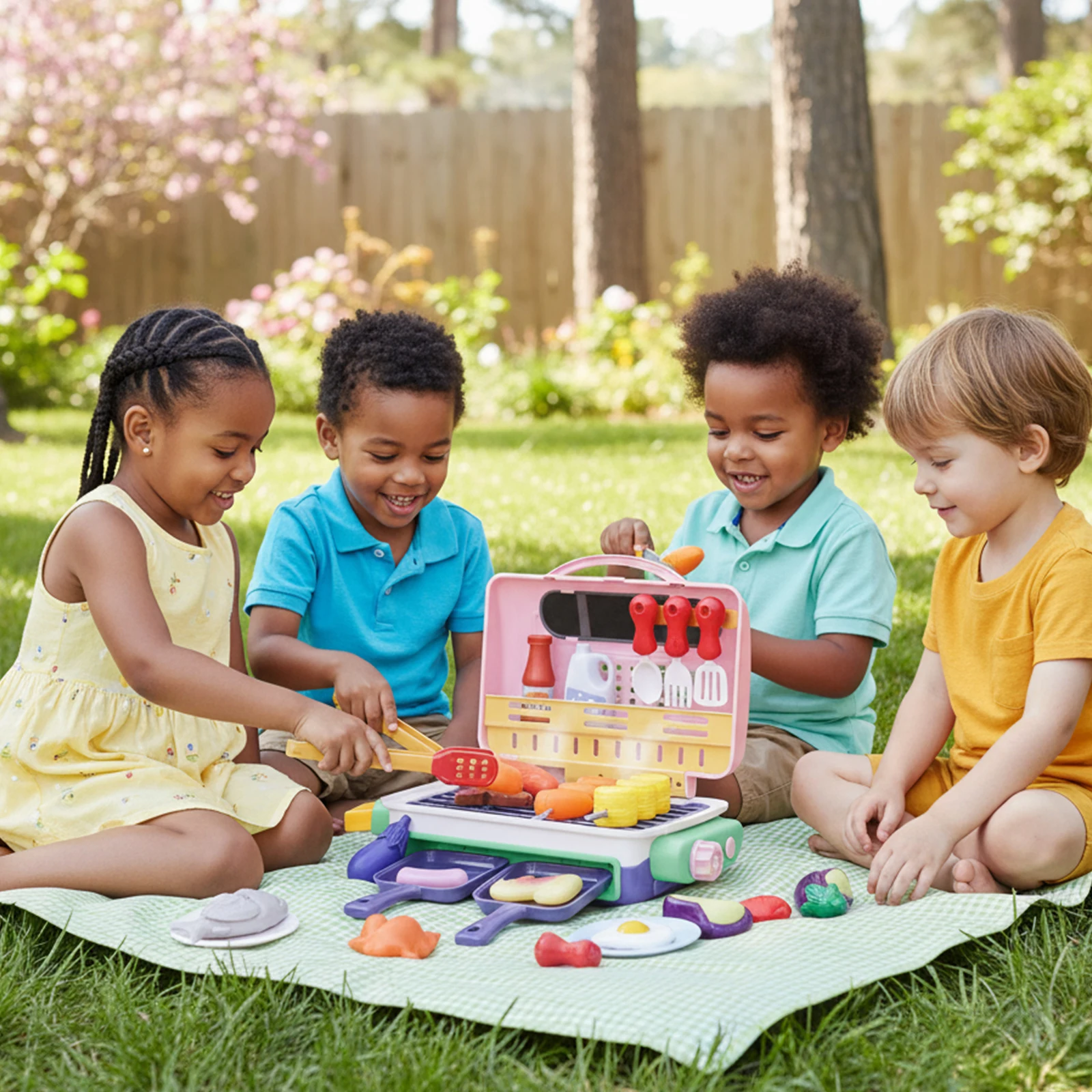 연기, 빛, 소리 및 색상이 변하는 음식이 포함된 어린이용 바베큐 그릴 플레이 세트 바베큐 장난감 유아용 놀이 주방 액세서리 3-5세