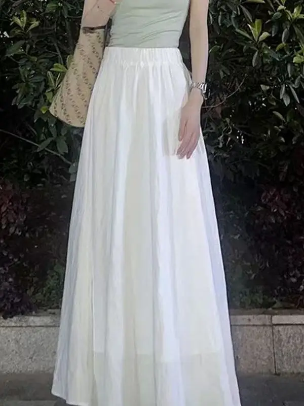 White High Waist A-Line  Skirt Casual Summer New Style Elegant Lady's Midi Skirt Loose Fit Comfortable Non-Ironed Skirt