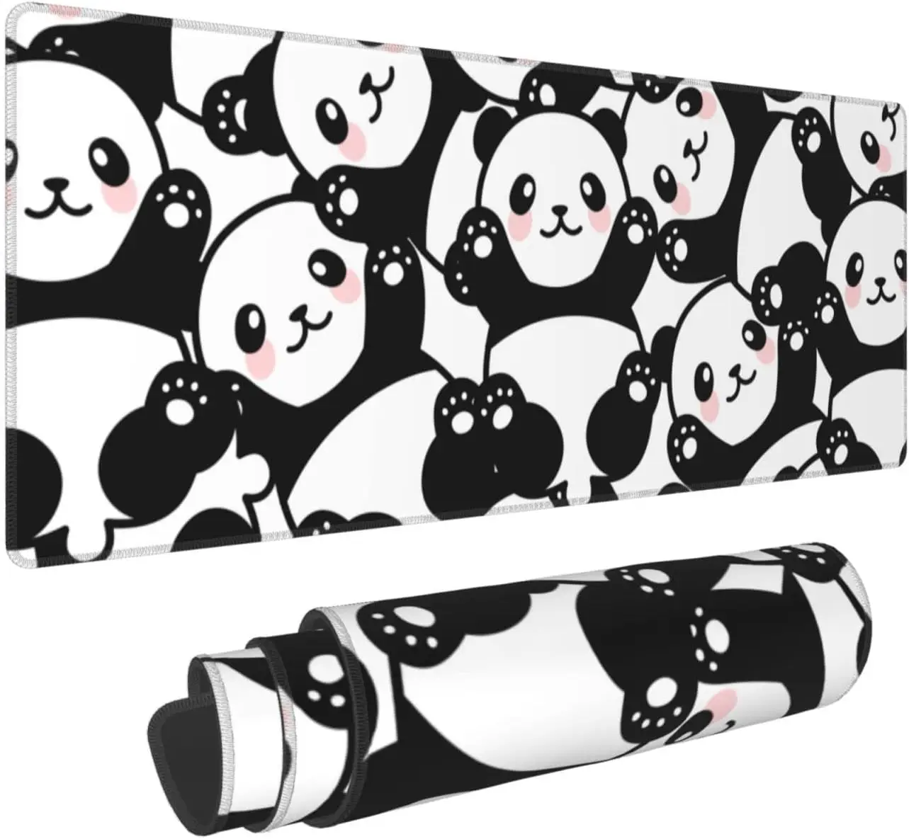 Cute Panda Print Extended Mouse Pad – XL Oversized Desk Mat with Stitched Edges, Non-Slip Base for Gamers and Home Office