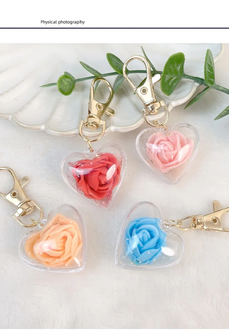 Creative Cute Rose Keychain Love Heart Pendant Eternal Flower Keyring for Women Bag Ornaments Car Keys Accessories Couple Gifts