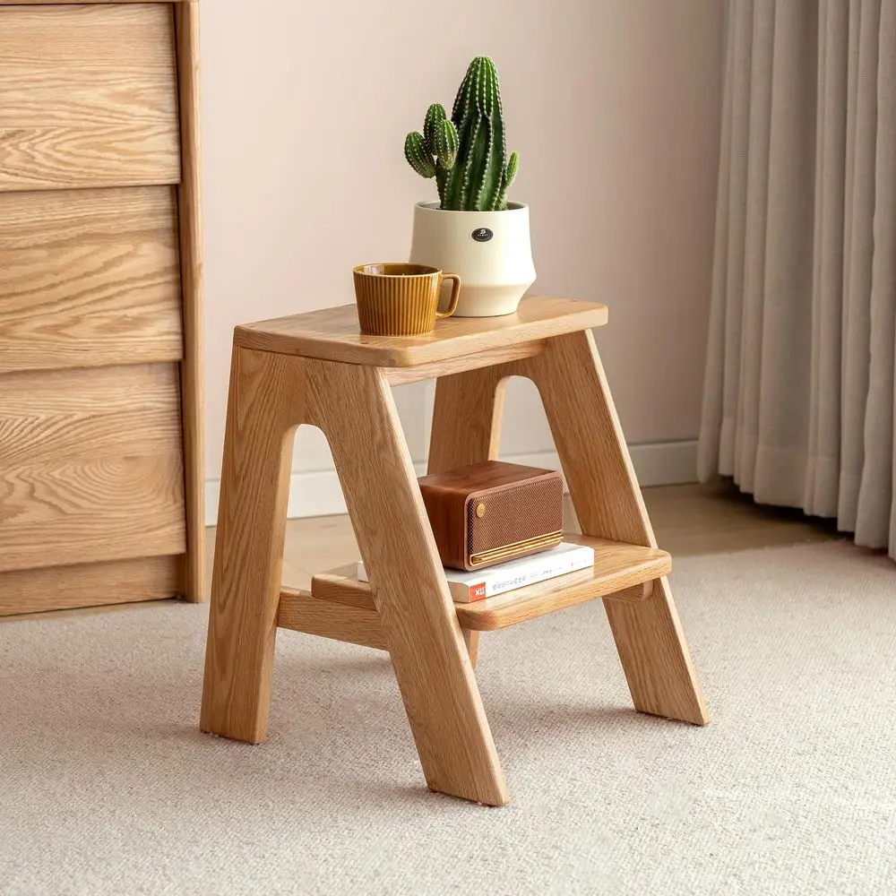 100 Solid Oak Wood 2 Step Stool, Multifunctional 2Tier End Table Nightstand Plant Stand Dining Makeup Stool for Living Room Bed