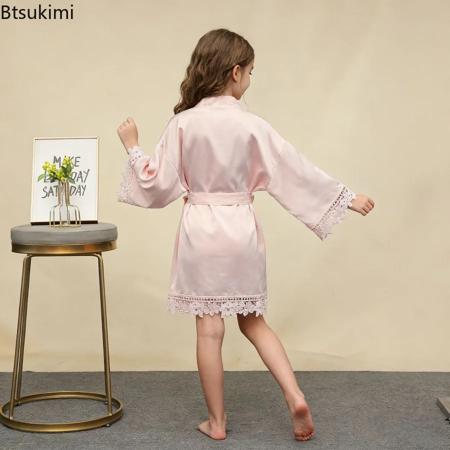 Dziecięcy szlafrok z jedwabiu lodowego, jednolity kolor, matowa koronka, szlafrok poranny, piżama, gładki, miękki, wygodny, codzienny szlafrok do spania dla dzieci.