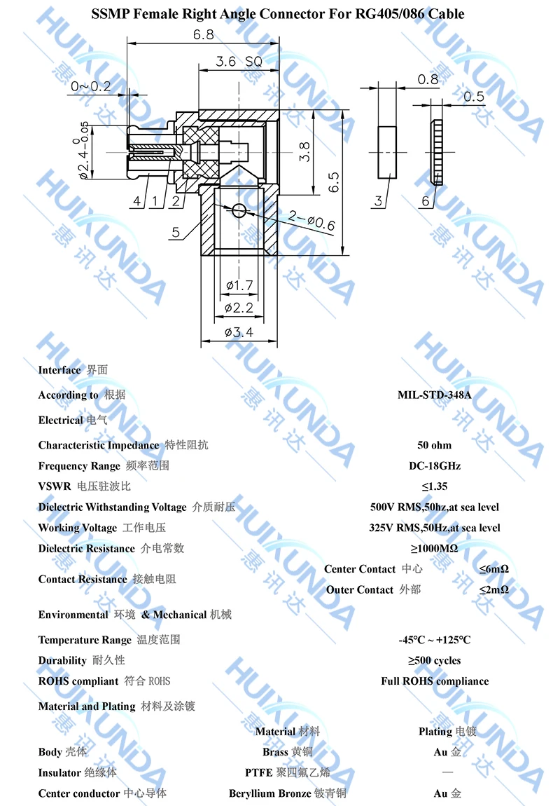 SSMP-KWB2 SSMP عازمة أنثى رئيس لحام RG405/086 شبه مرنة-2 سلك 18G موصل موجة منخفضة الدائمة