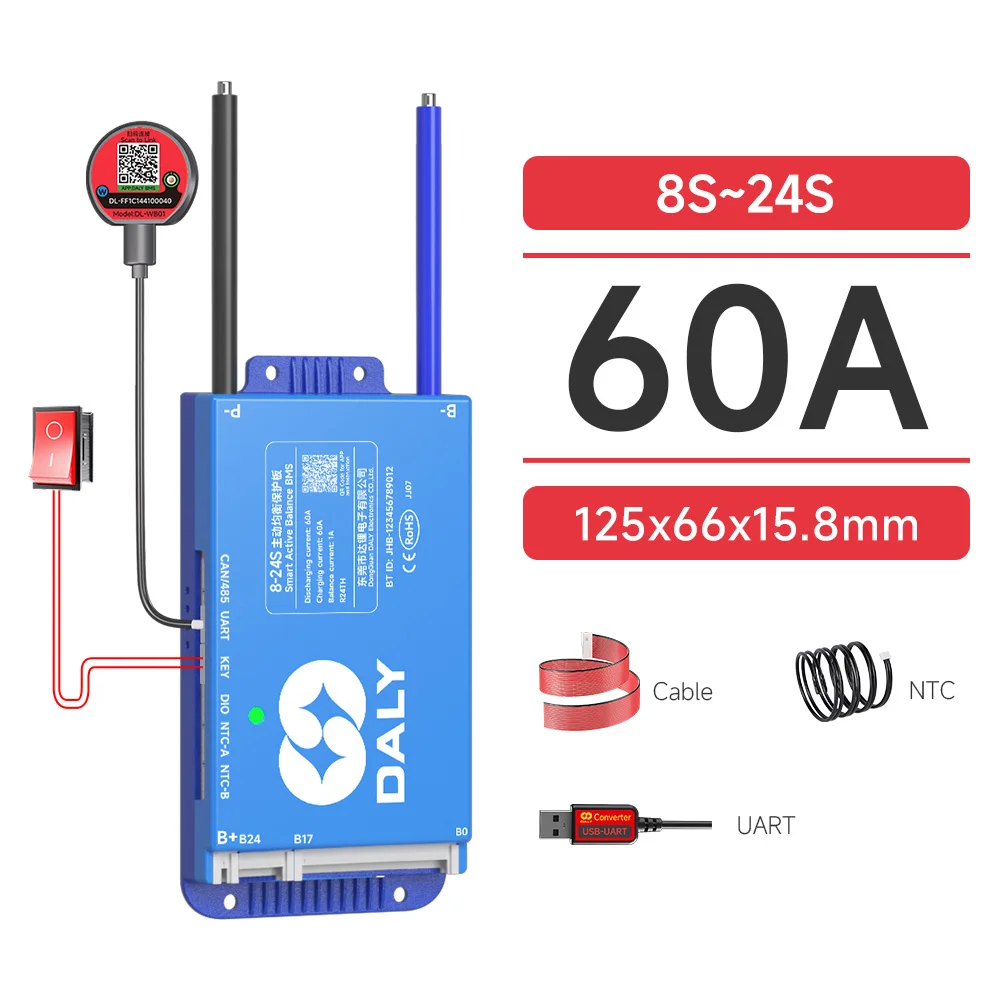 Daly Smart Active BMS 4S LiFePO4 8S 24V 16S 100A 150A 40A 60A 200A 12V 48V LiFePO4 1A Actieve Balancer met UART RS485 wifi-sleutel