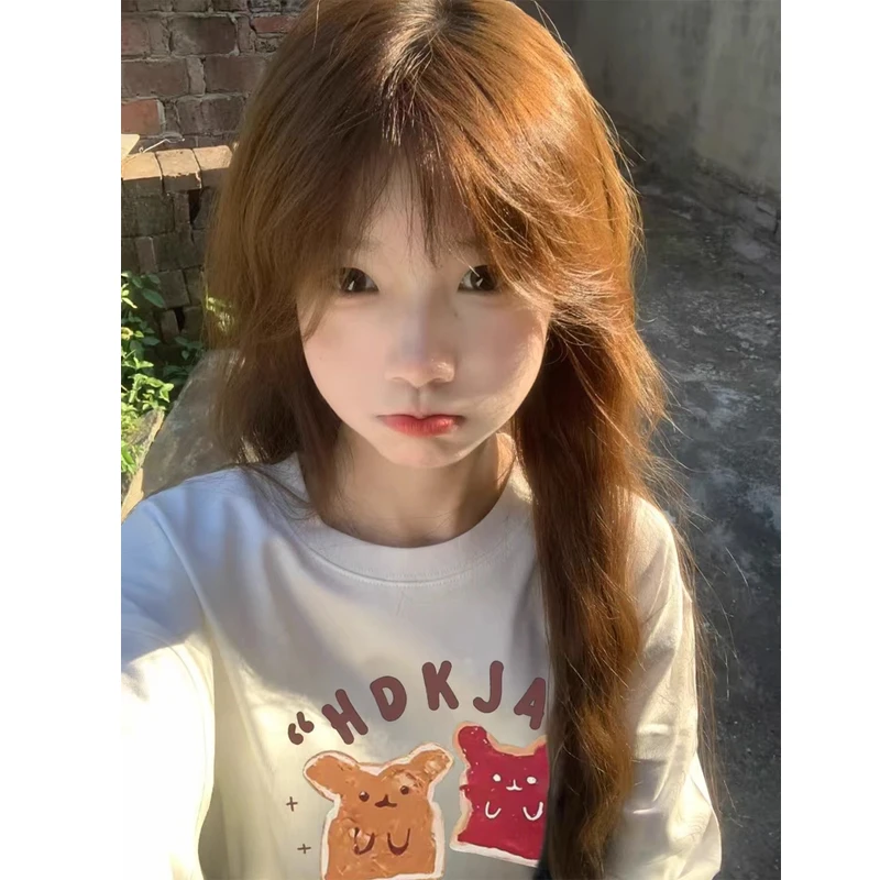 Leuke Cartoon Print T-shirt Vrouwen Herfst 2025 Nieuwe 100% Katoen Koreaanse O-hals Lange mouwen T-shirt Casual Y2k Top kawaii kleding