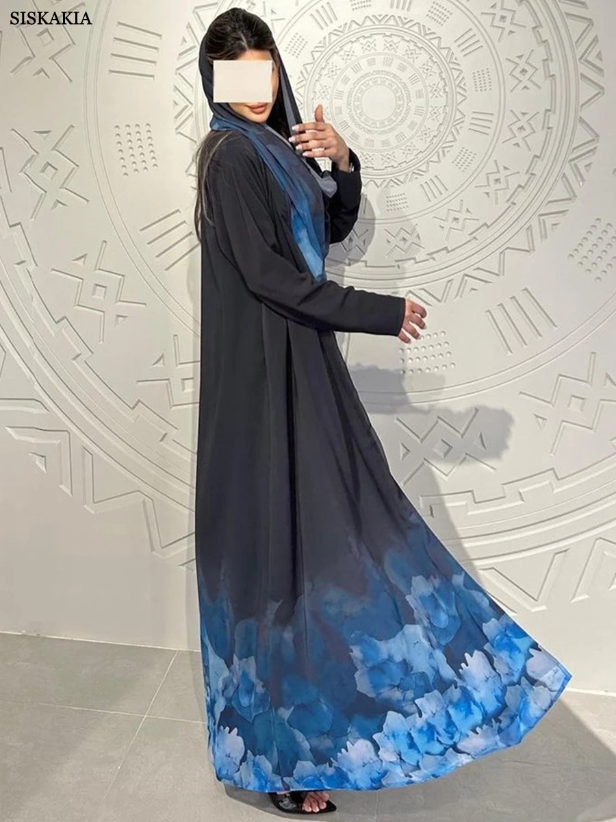 Siskakia Fashion Chiffon Muslim Woman Open Abaya Long Sleeve Long Dress Casual Loose Muslim Woman Dubai Moroccan Kimono Clothing