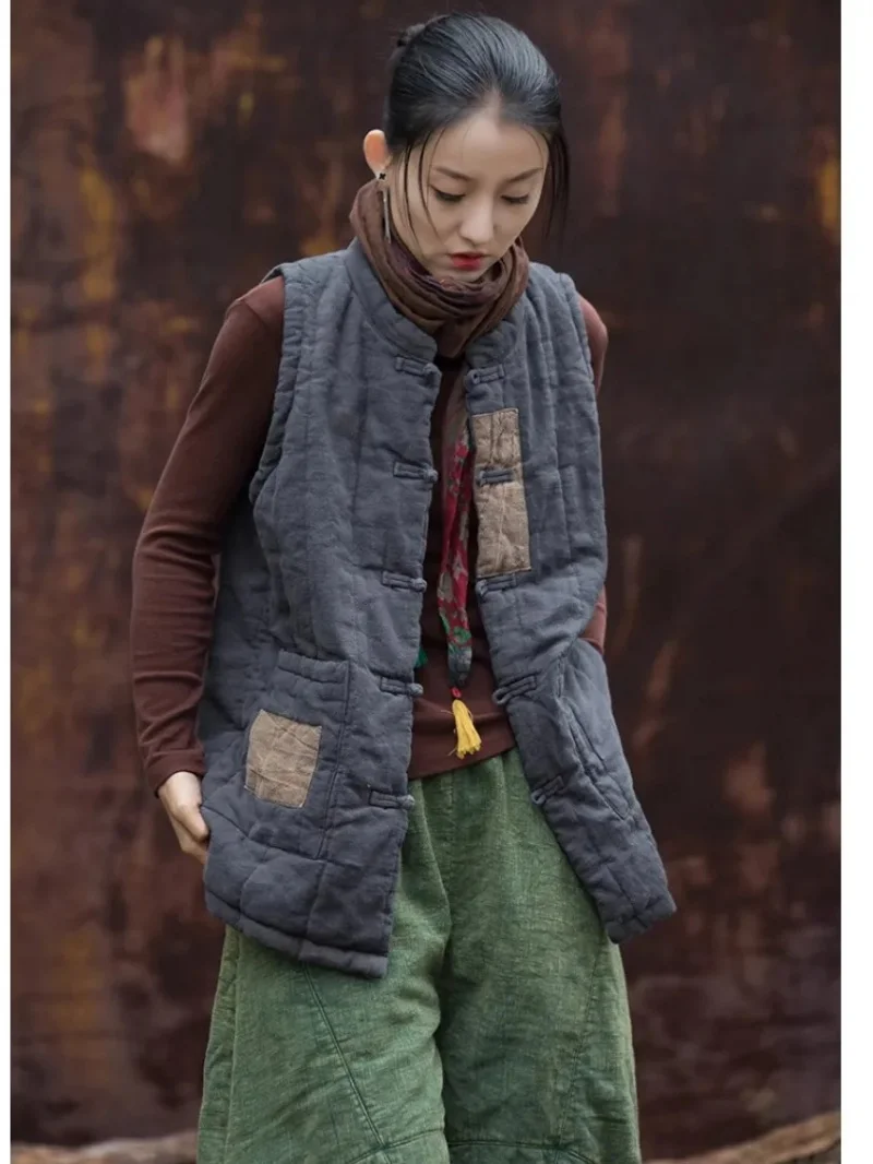 Cotton Linen Thick Vest for Women, Spring Autumn Loose Fit Sleeveless Jacket, Zen Style Color Block Improved Kimono Cardigan j35