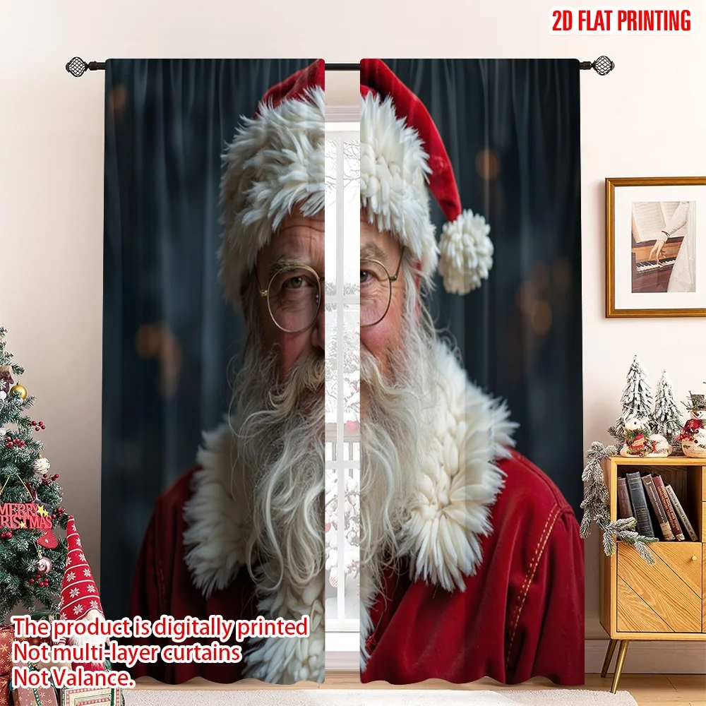 

2pcs 2D flat printing Merry Christmas Popular Party Window Curtains Santa Claus Christmas Holly Berries 100% Polyester Without